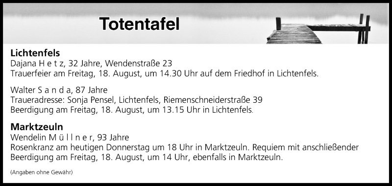  Traueranzeige für Totentafel vom 17.08.2017 vom 17.08.2017 aus MGO