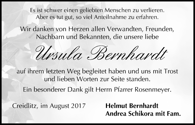  Traueranzeige für Ursula Bernhardt vom 12.08.2017 aus MGO