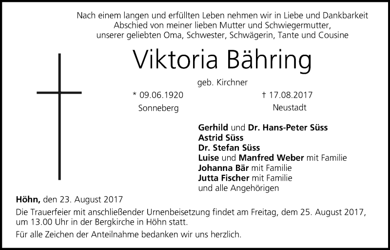  Traueranzeige für Viktoria Bähring vom 23.08.2017 aus MGO