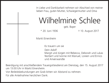 Anzeige von Wilhelmine Schlee von MGO