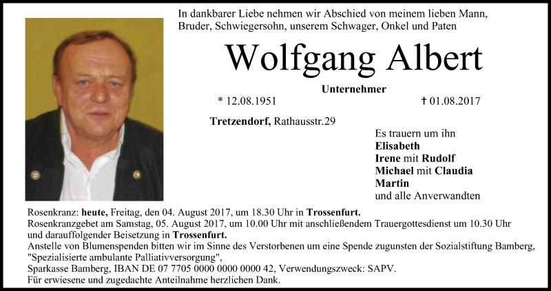 Traueranzeige für Wolfgang Albert vom 04.08.2017 aus MGO