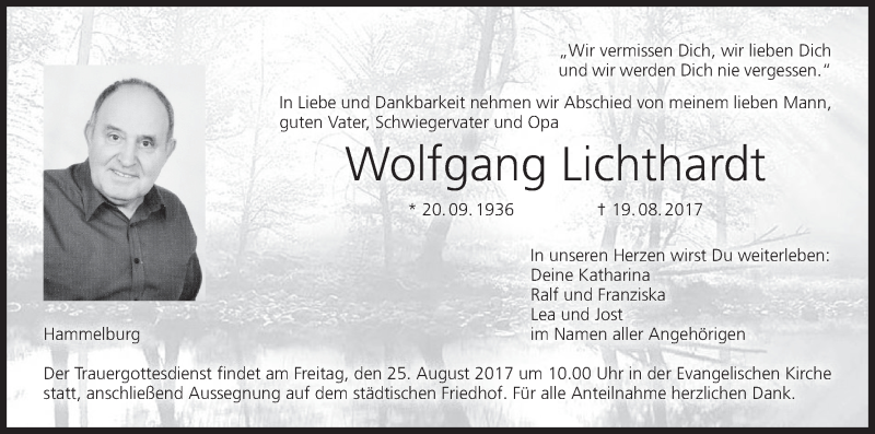  Traueranzeige für Wolfgang Lichthardt vom 22.08.2017 aus MGO