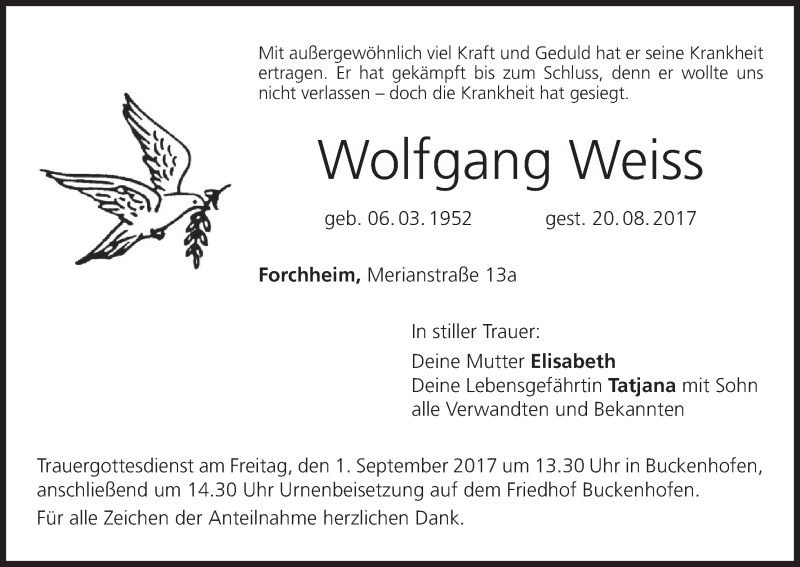  Traueranzeige für Wolfgang Weiss vom 29.08.2017 aus MGO