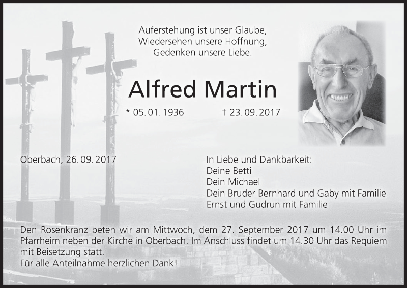  Traueranzeige für Alfred Martin vom 26.09.2017 aus MGO
