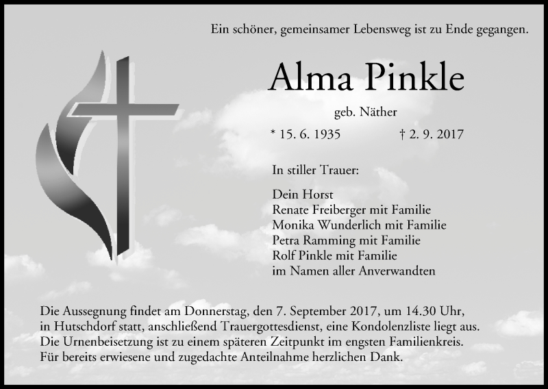  Traueranzeige für Alma Pinkle vom 05.09.2017 aus MGO