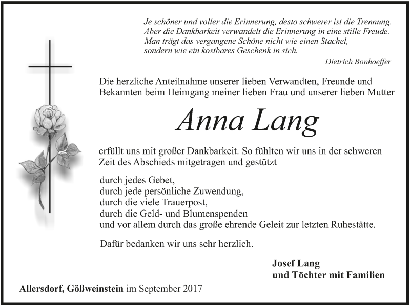  Traueranzeige für Anna Lang vom 09.09.2017 aus MGO