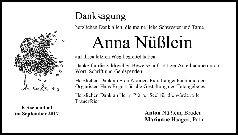  Traueranzeige für Anna Nüßlein vom 23.09.2017 aus MGO