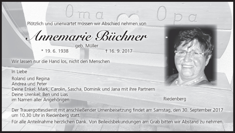  Traueranzeige für Annemarie Büchner vom 23.09.2017 aus MGO