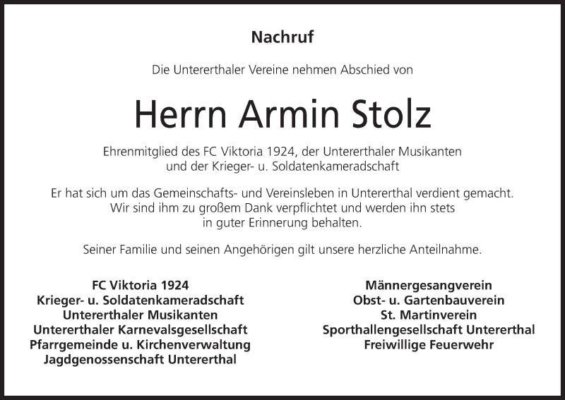  Traueranzeige für Armin Stolz vom 01.09.2017 aus MGO