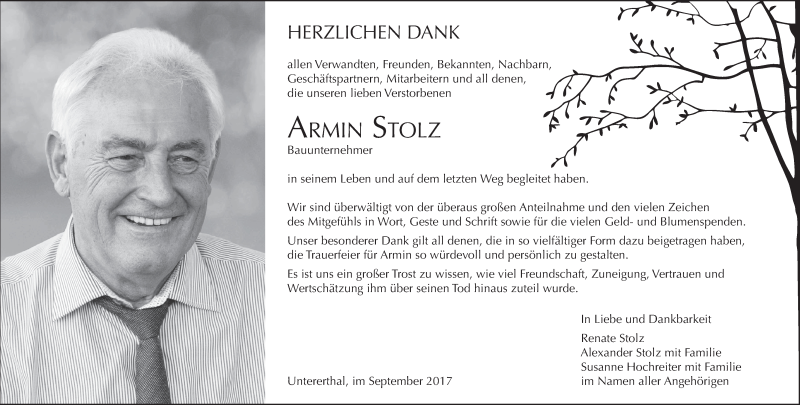  Traueranzeige für Armin Stolz vom 16.09.2017 aus MGO