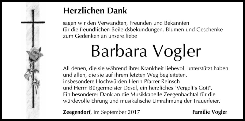  Traueranzeige für Barbara Vogler vom 30.09.2017 aus MGO