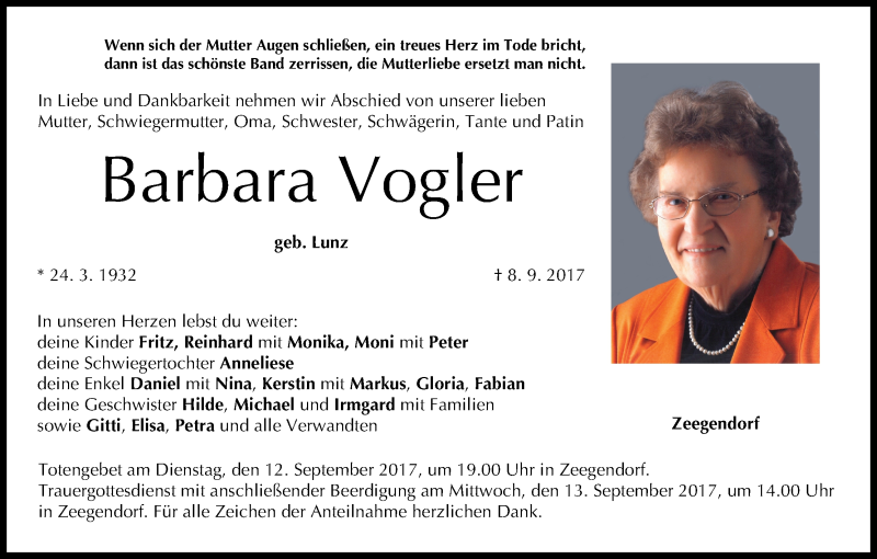  Traueranzeige für Barbara Vogler vom 11.09.2017 aus MGO