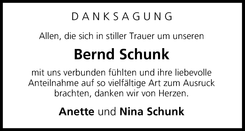  Traueranzeige für Bernd Schunk vom 30.09.2017 aus MGO