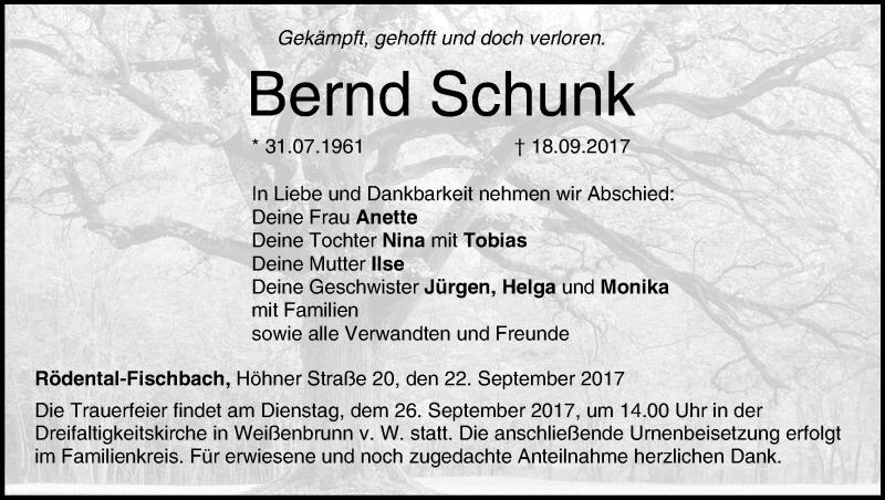 Traueranzeige für Bernd Schunk vom 22.09.2017 aus MGO