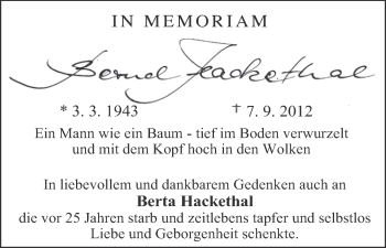 Anzeige von Bernd und Berta Hackethal von MGO