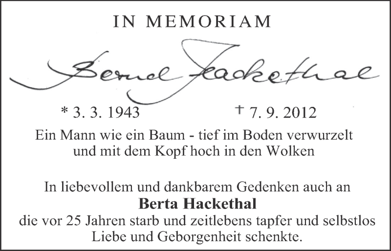 Traueranzeige für Bernd und Berta Hackethal vom 07.09.2017 aus MGO