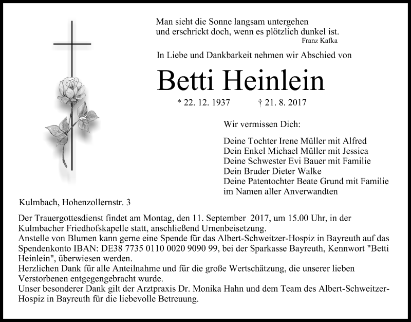  Traueranzeige für Betti Heinlein vom 07.09.2017 aus MGO