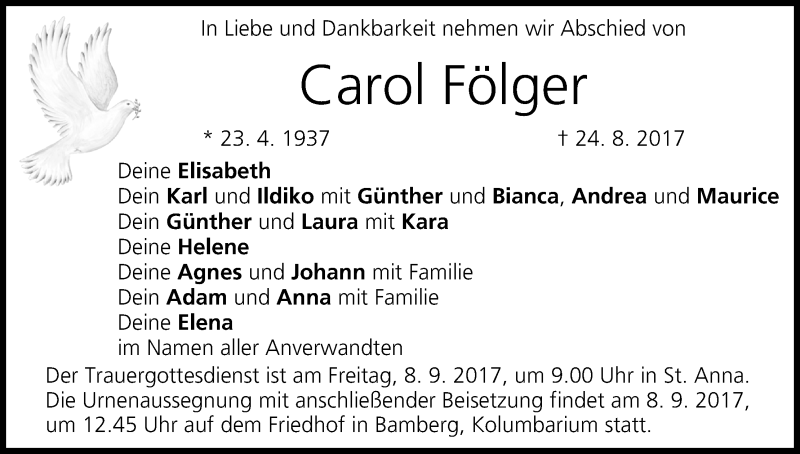  Traueranzeige für Carol Fölger vom 06.09.2017 aus MGO