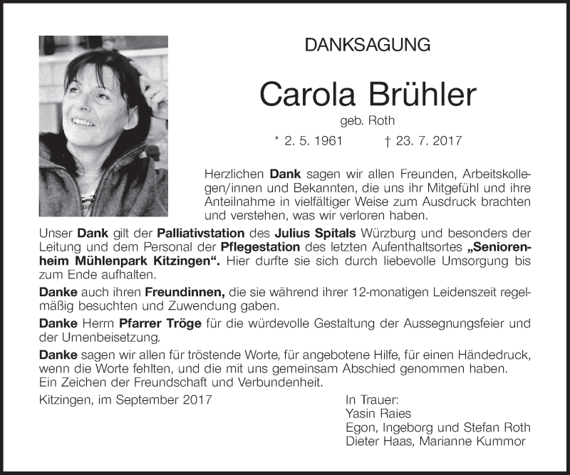  Traueranzeige für Carola Brühler vom 02.09.2017 aus MGO