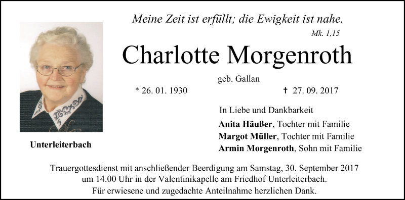  Traueranzeige für Charlotte Morgenroth vom 28.09.2017 aus MGO