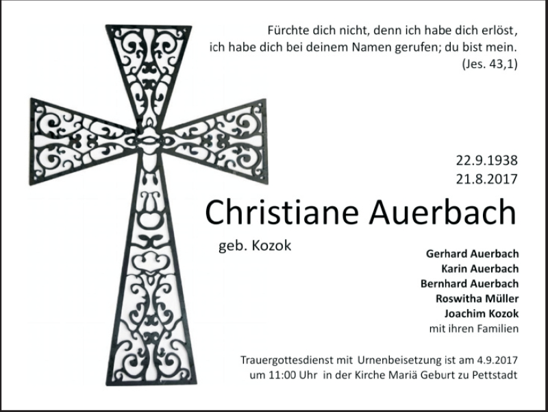  Traueranzeige für Christiane Auerbach vom 02.09.2017 aus MGO