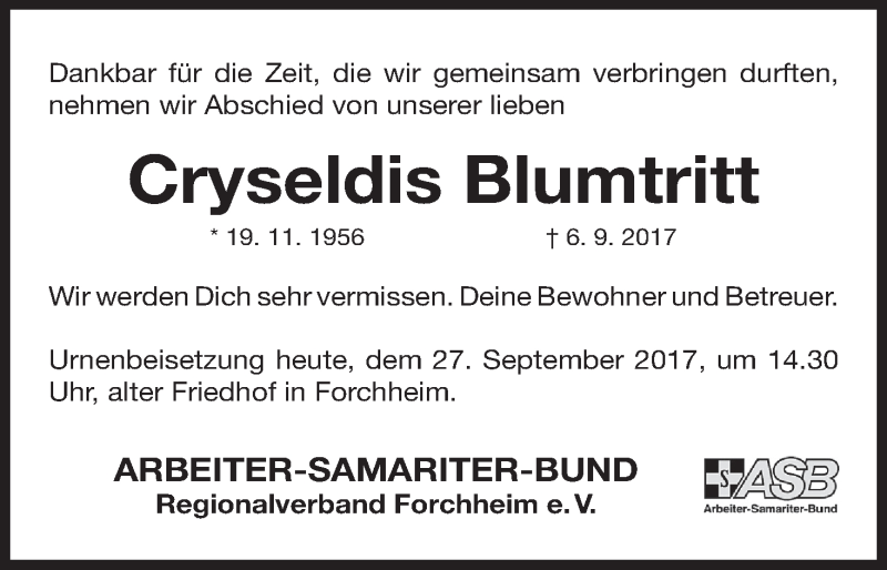  Traueranzeige für Cryseldis Blumtritt vom 27.09.2017 aus MGO