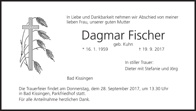  Traueranzeige für Dagmar Fischer vom 26.09.2017 aus MGO