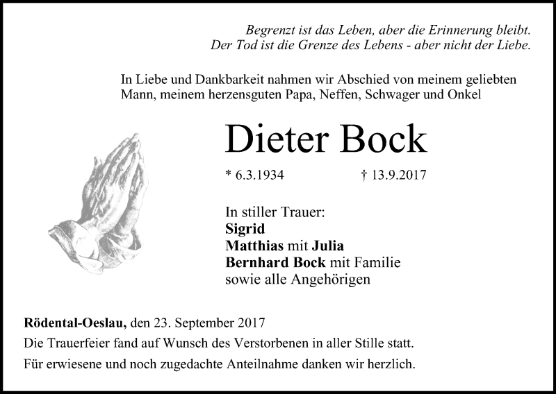  Traueranzeige für Dieter Bock vom 23.09.2017 aus MGO