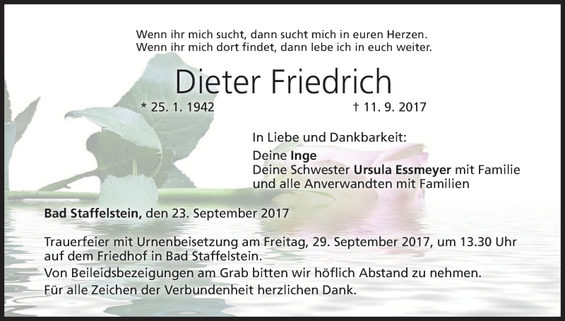  Traueranzeige für Dieter Friedrich vom 23.09.2017 aus MGO