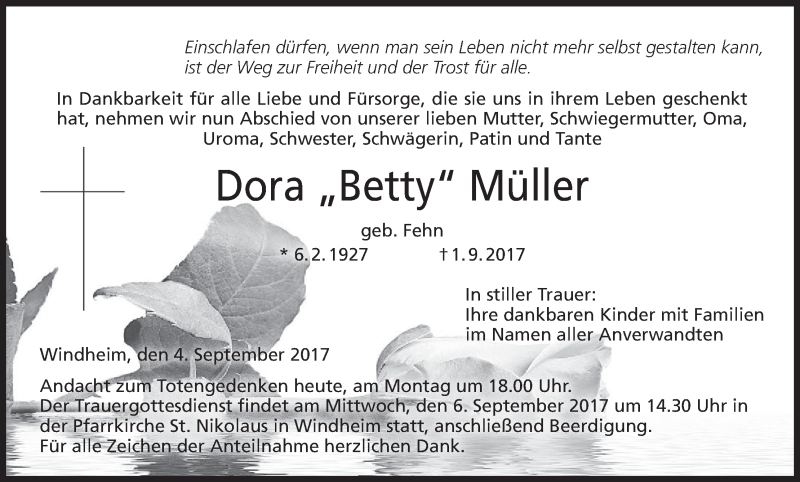  Traueranzeige für Dora Müller vom 04.09.2017 aus MGO