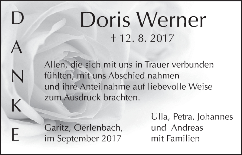  Traueranzeige für Doris Werner vom 09.09.2017 aus MGO