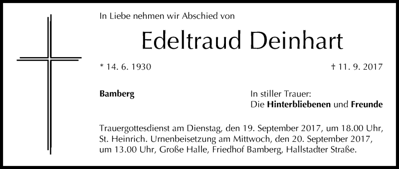  Traueranzeige für Edeltraud Deinhart vom 16.09.2017 aus MGO
