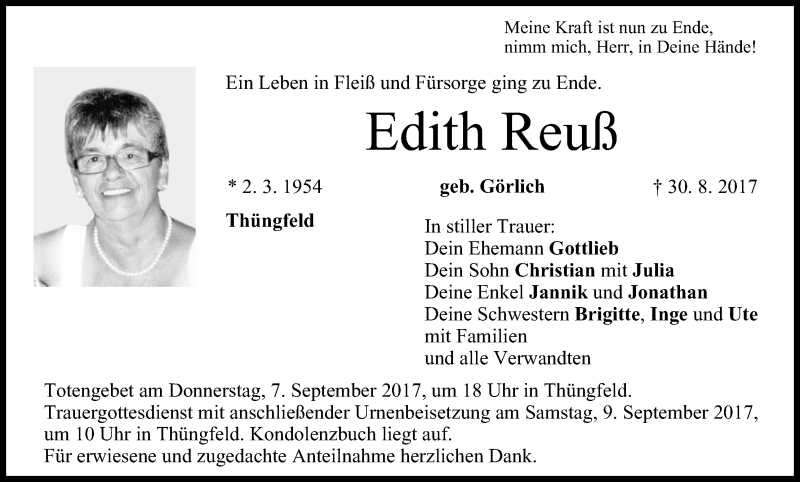  Traueranzeige für Edith Reuß vom 06.09.2017 aus MGO