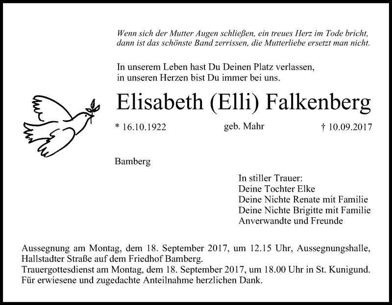  Traueranzeige für Elisabeth Falkenberg vom 16.09.2017 aus MGO