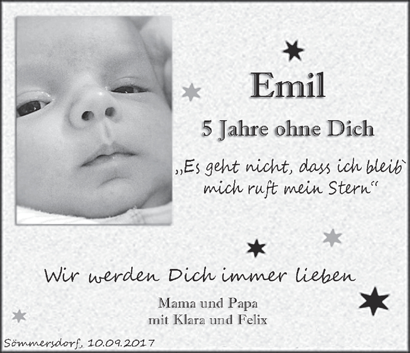  Traueranzeige für Emil  vom 09.09.2017 aus MGO