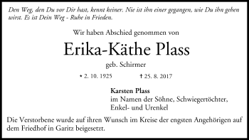 Anzeige von Erika-Käthe Plass von MGO