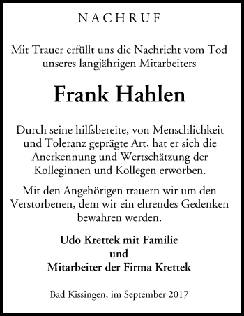 Anzeige von Frank Hahlen von MGO