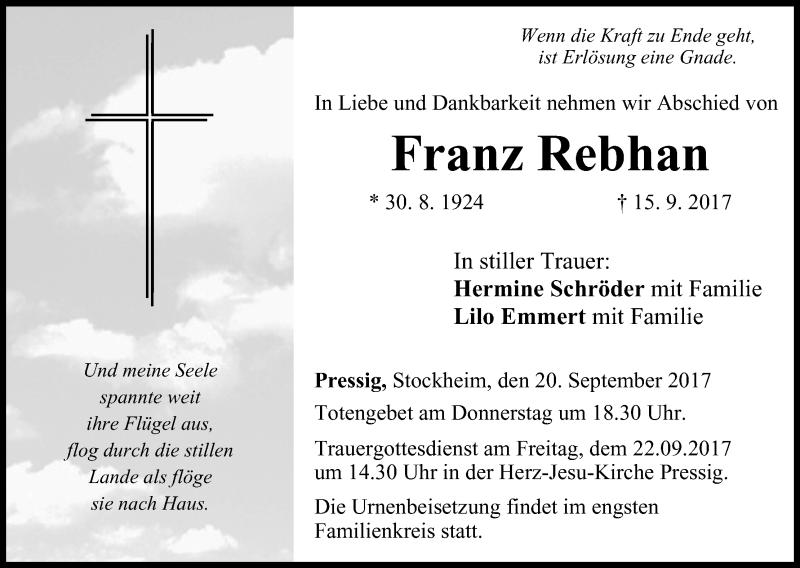  Traueranzeige für Franz Rebhan vom 20.09.2017 aus MGO