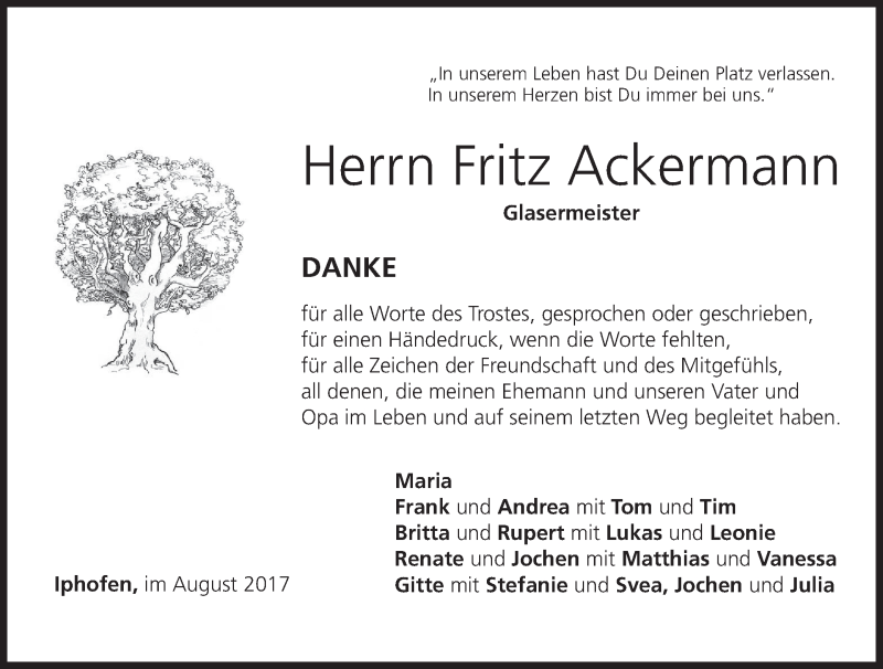  Traueranzeige für Fritz Ackermann vom 23.09.2017 aus MGO