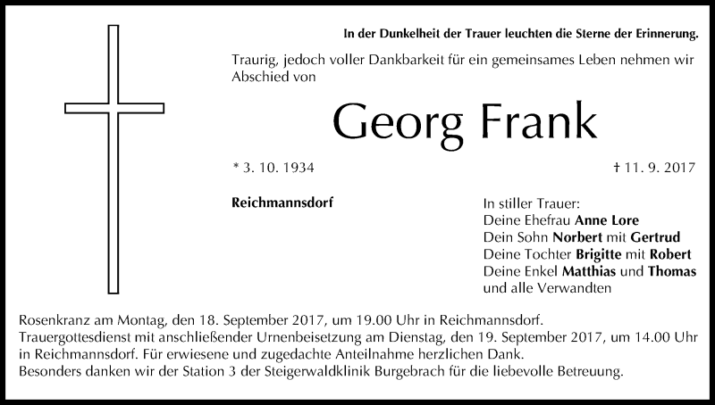  Traueranzeige für Georg Frank vom 15.09.2017 aus MGO