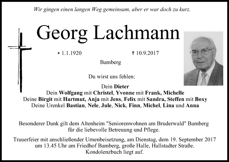  Traueranzeige für Georg Lachmann vom 16.09.2017 aus MGO