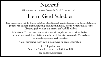 Anzeige von Gerd Schebler von MGO