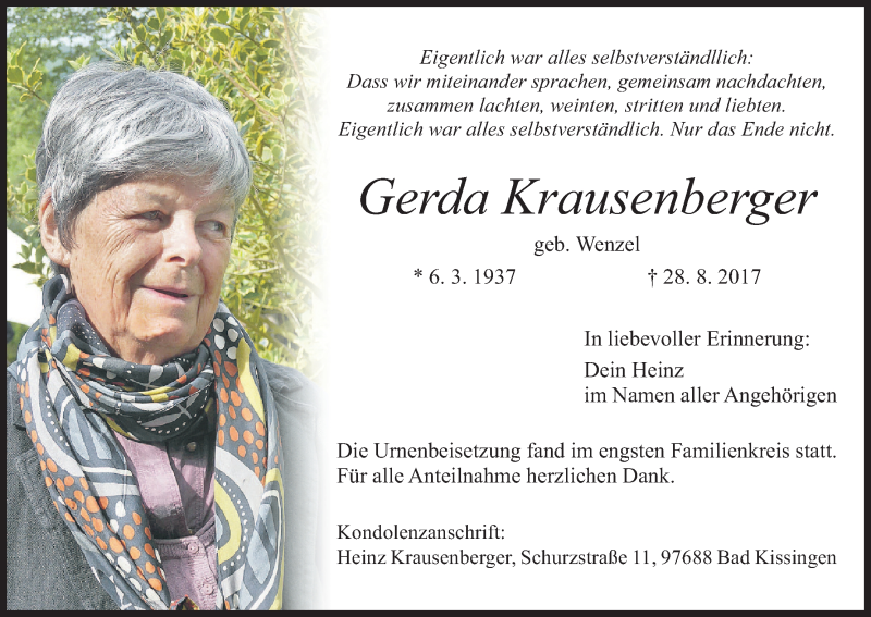  Traueranzeige für Gerda Krausenberger vom 09.09.2017 aus MGO