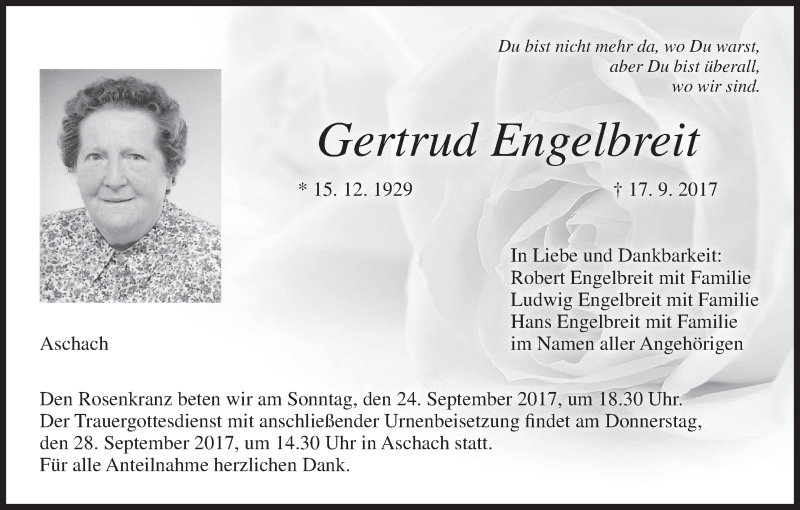  Traueranzeige für Gertrud Engelbreit vom 23.09.2017 aus MGO