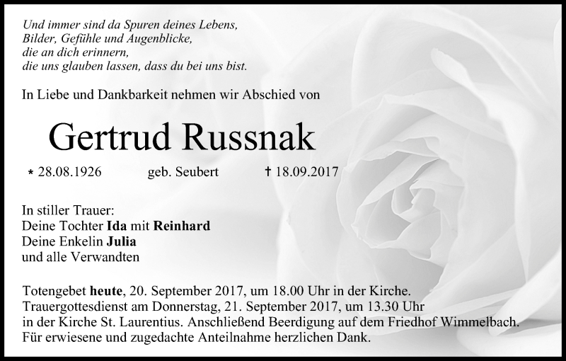 Traueranzeige für Gertrud Russnak vom 20.09.2017 aus MGO