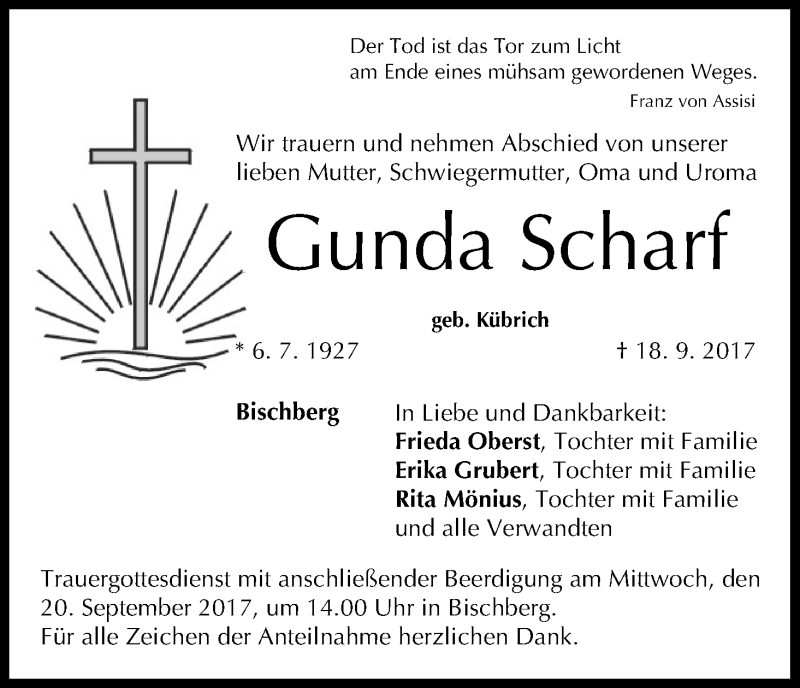  Traueranzeige für Gunda Scharf vom 19.09.2017 aus MGO