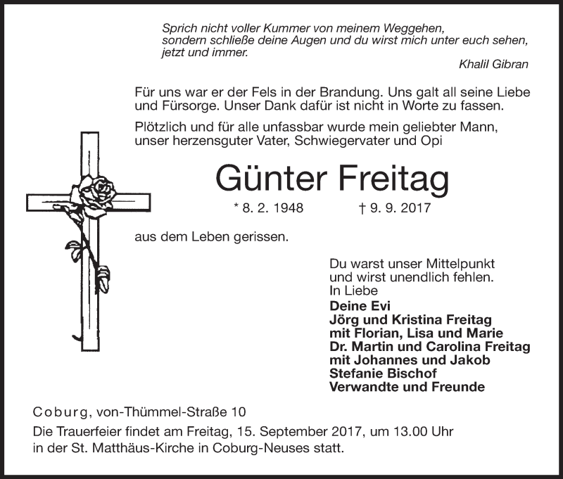  Traueranzeige für Günter Freitag vom 13.09.2017 aus MGO