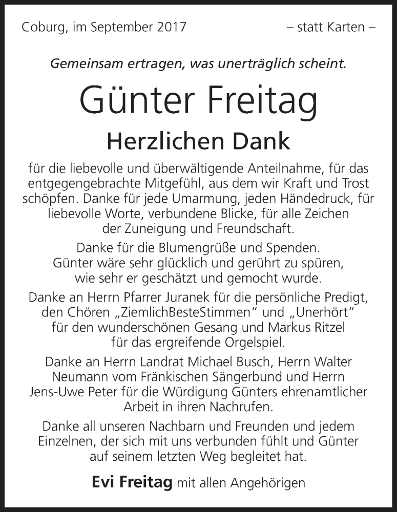  Traueranzeige für Günter Freitag vom 30.09.2017 aus MGO