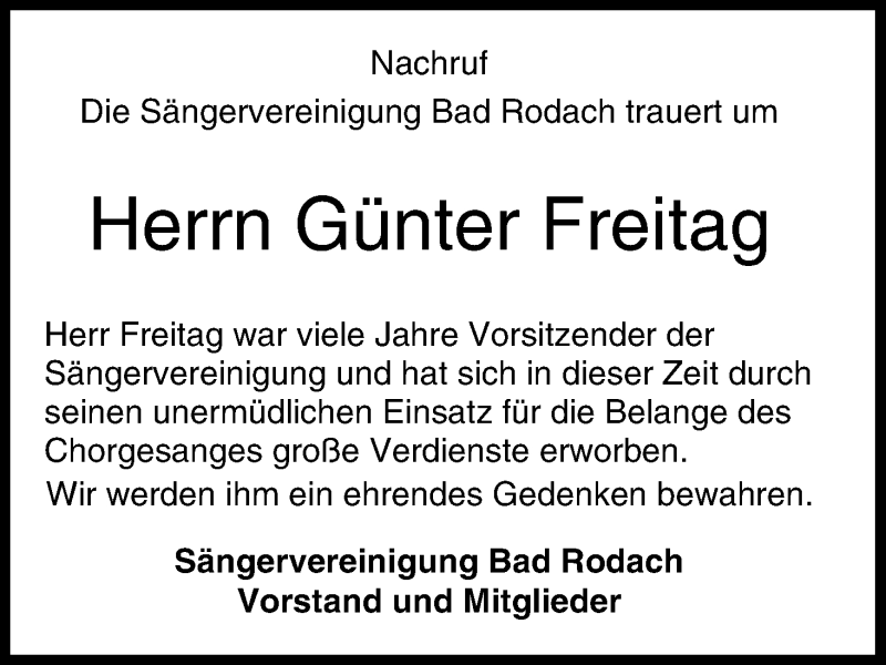  Traueranzeige für Günter Freitag vom 14.09.2017 aus MGO