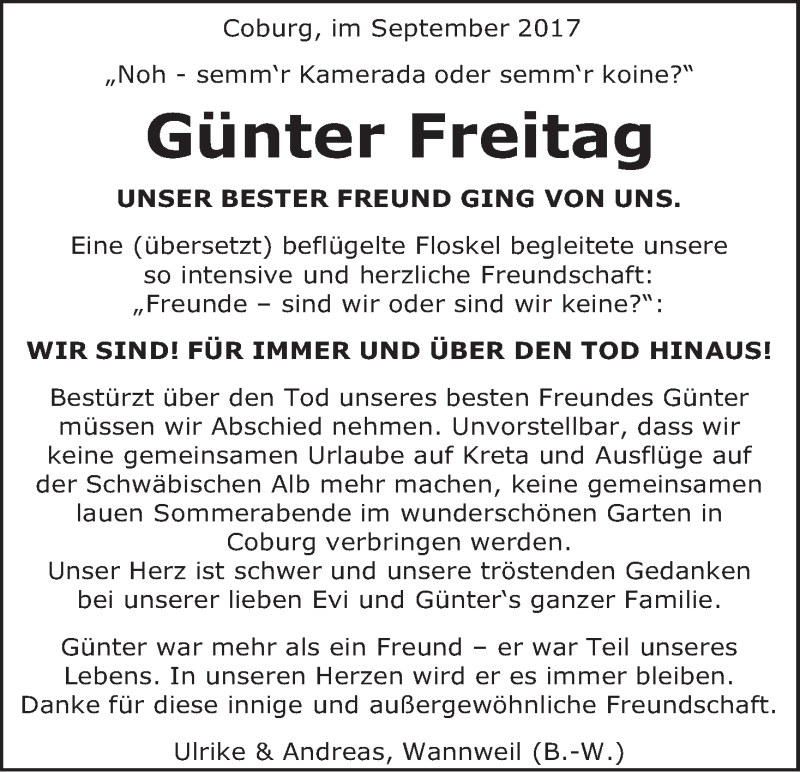  Traueranzeige für Günter Freitag vom 14.09.2017 aus MGO